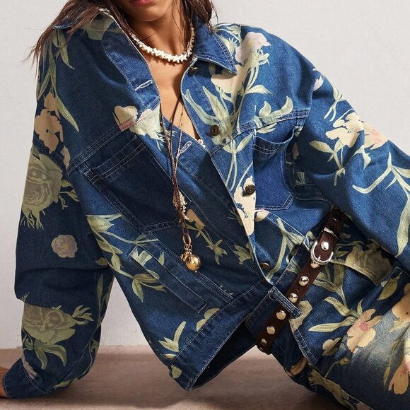 Blue Casual Women's Boho Music Festival Washed Print Denim Jacket - Picture 6 of 9